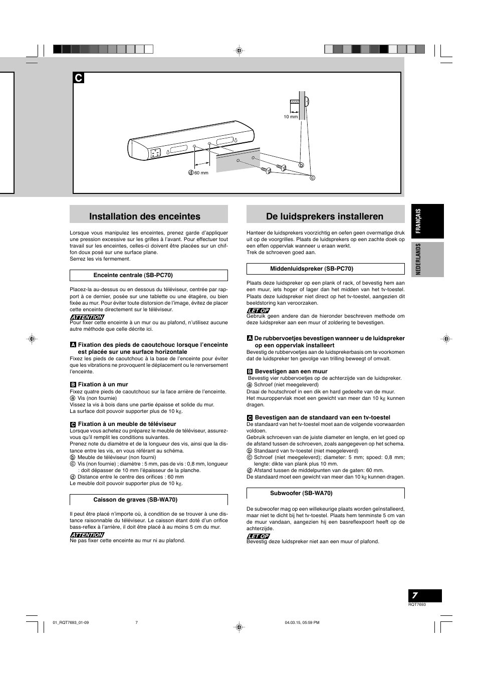 Installation des enceintes, De luidsprekers installeren | Panasonic SBTP70 User Manual | Page 7 / 48
