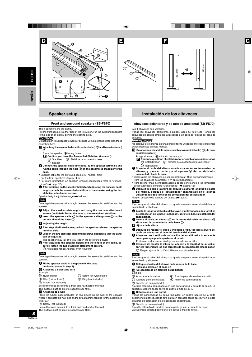 Instalación de los altavoces, Speaker setup | Panasonic SBTP70 User Manual | Page 8 / 48