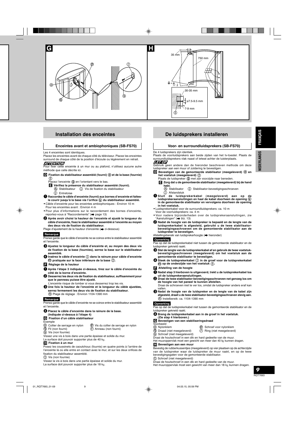Installation des enceintes, De luidsprekers installeren | Panasonic SBTP70 User Manual | Page 9 / 48