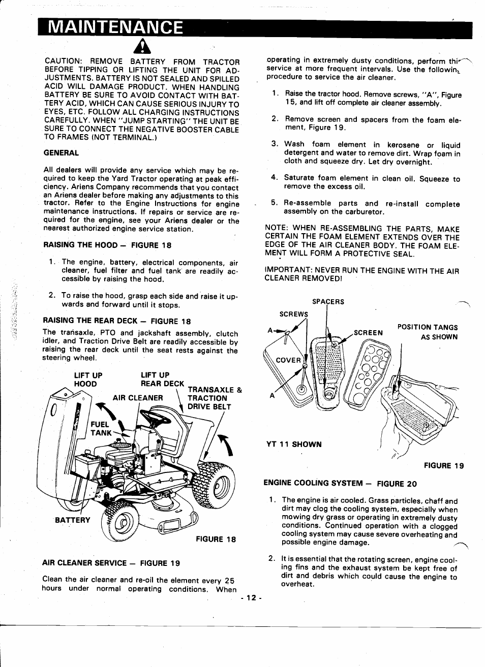 Maiimteimaimce, General, Raising the hood - figure 18 | Raising the rear deck - figure 18, Air cleaner service - figure 19, Engine cooling system - figure 20 | Ariens 935000 User Manual | Page 12 / 40