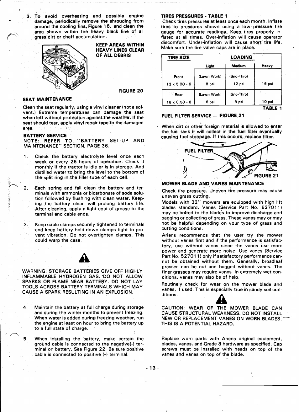 Figure 20, Seat maintenance, Battery service | Tires pressures - table 1 | Ariens 935000 User Manual | Page 13 / 40