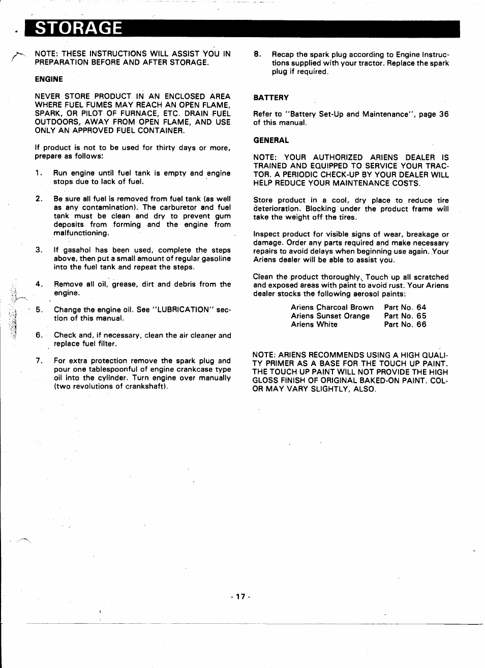 Storage, Engine, Battery | General | Ariens 935000 User Manual | Page 17 / 40