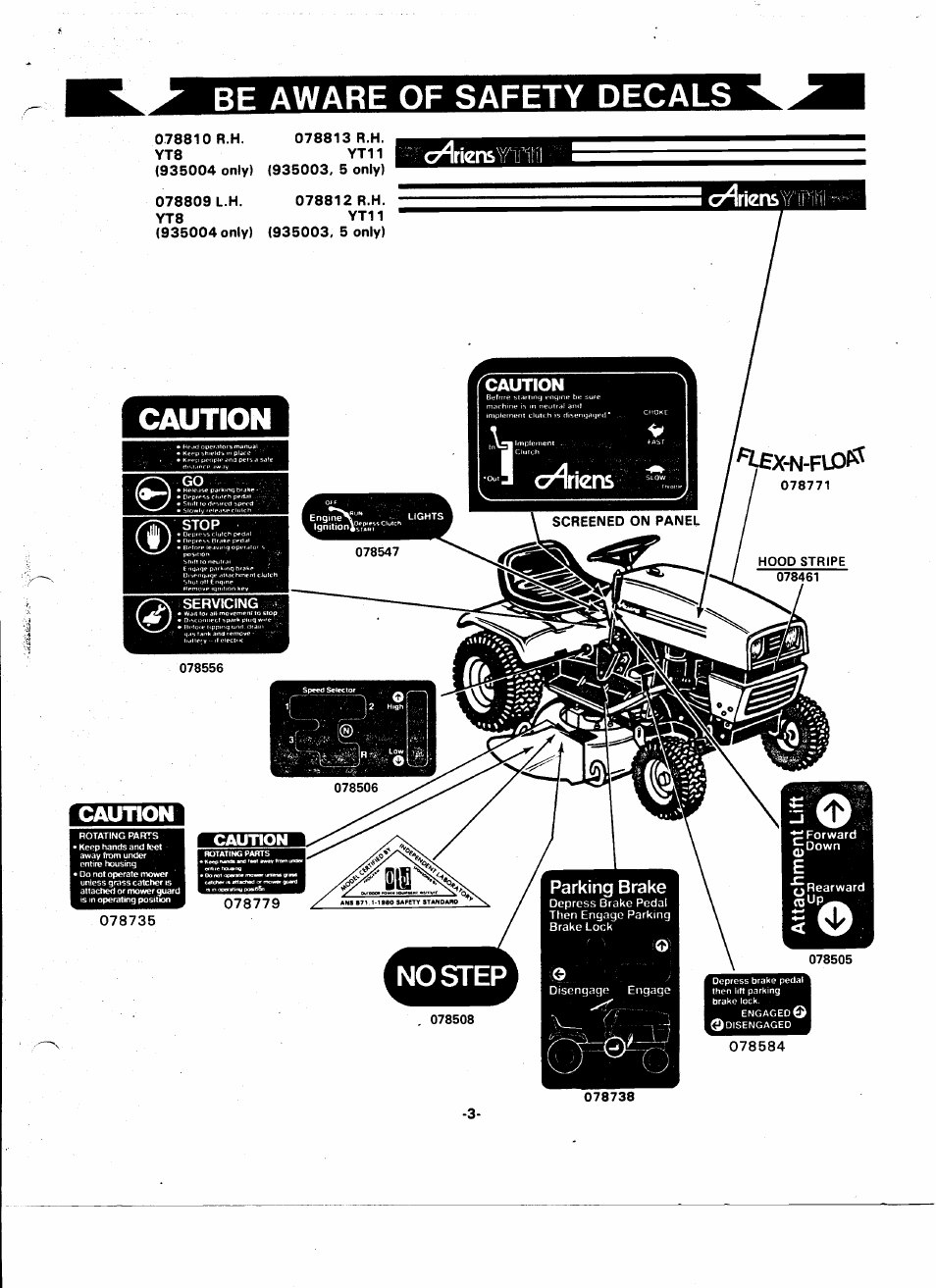 Be aware of safety decals, Caution d), No step | Ct^riens^y, C7^riens\tfi!1l, Parking brake | Ariens 935000 User Manual | Page 3 / 40