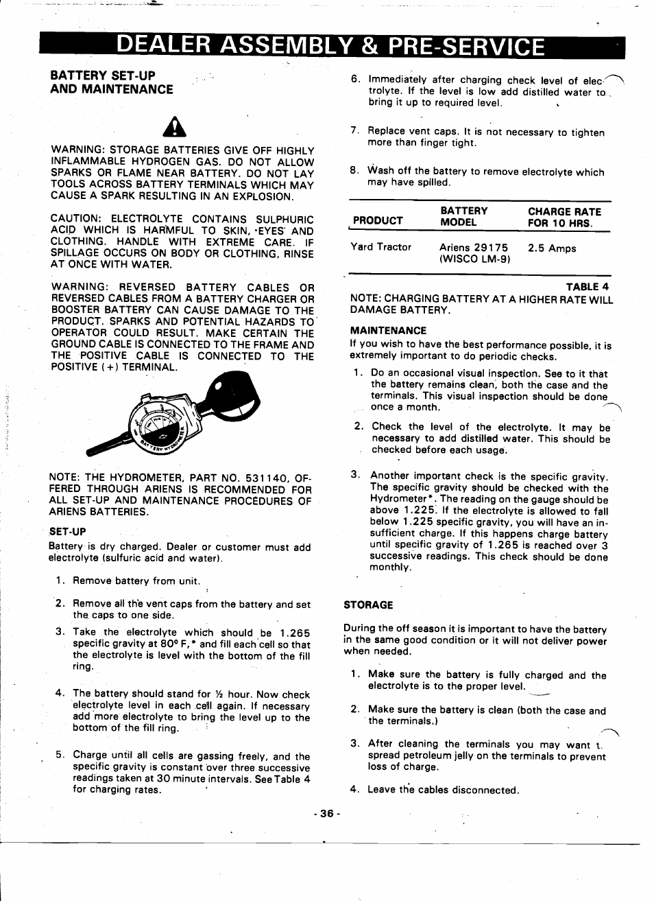 Dealer assembly & pre-service, Battery set-up and maintenance | Ariens 935000 User Manual | Page 36 / 40