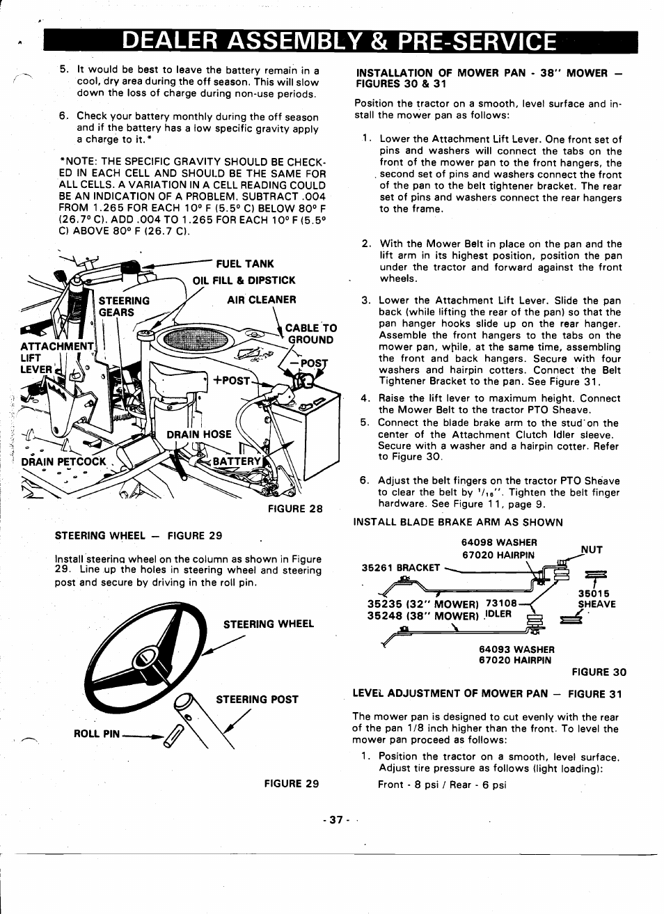 Steering wheel - figure 29, Figure 30, Figure 29 | Level adjustment of mower pan - figure 31, Dealer assembly & pre-service | Ariens 935000 User Manual | Page 37 / 40