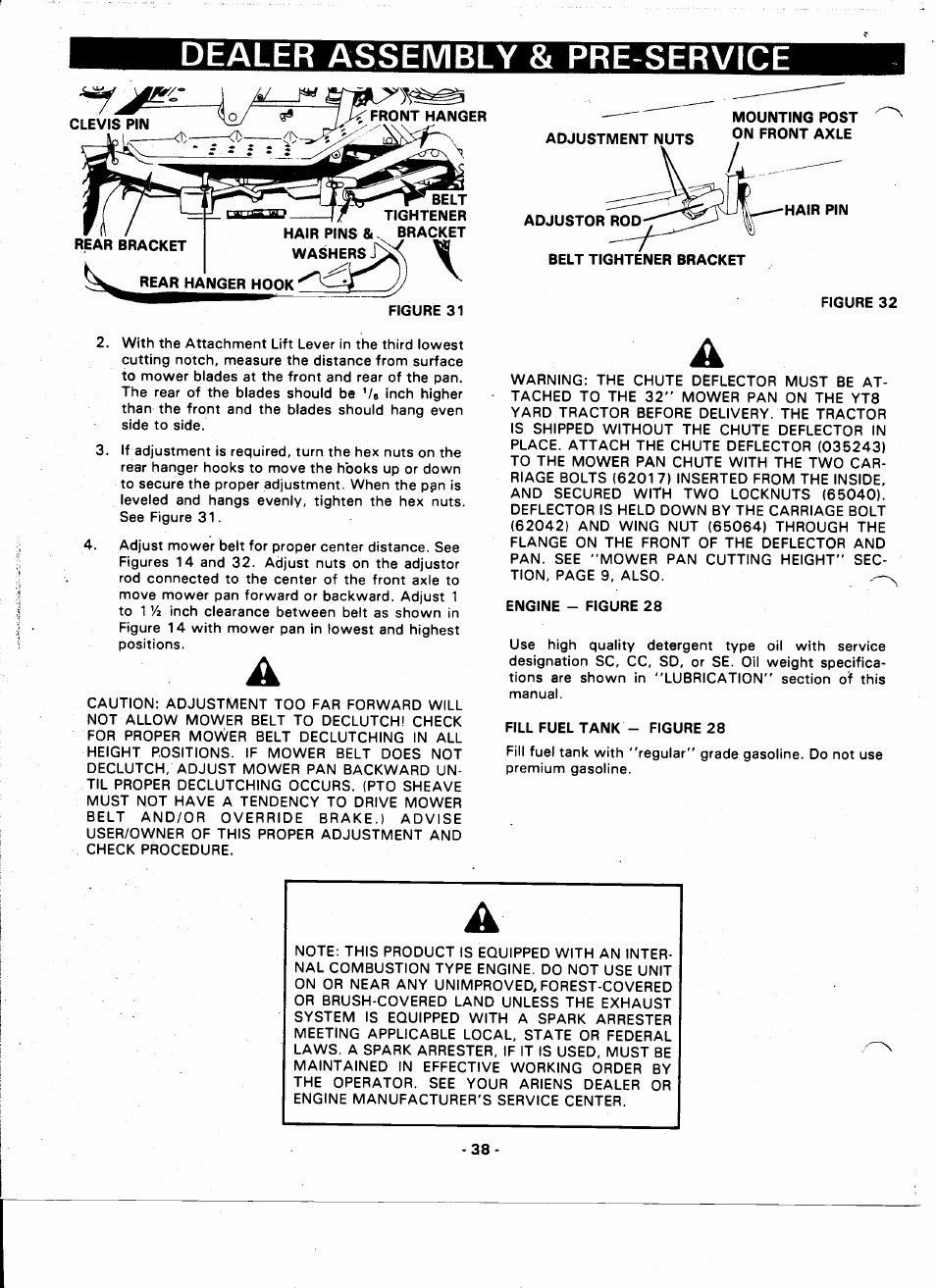 Front hanger, Adjustment nuts, Adjustor rod | Figure 32, Engine - figure 28, Fill fuel tank - figure 28, Dealer assembly & pre-service | Ariens 935000 User Manual | Page 38 / 40