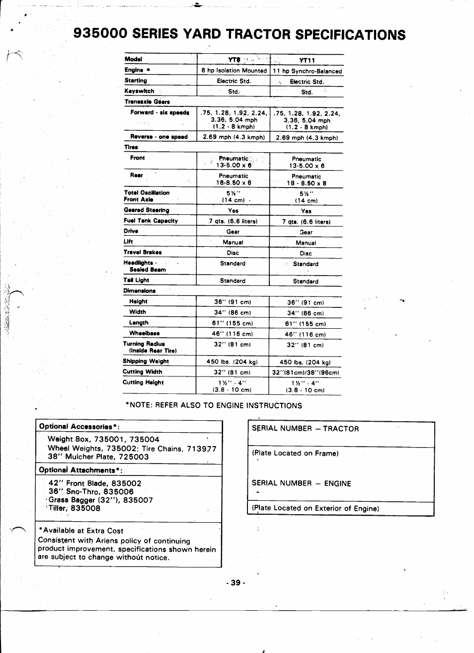 935000 series yard tractor specifications, Optional accessories, Optional attachments | Ariens 935000 User Manual | Page 39 / 40