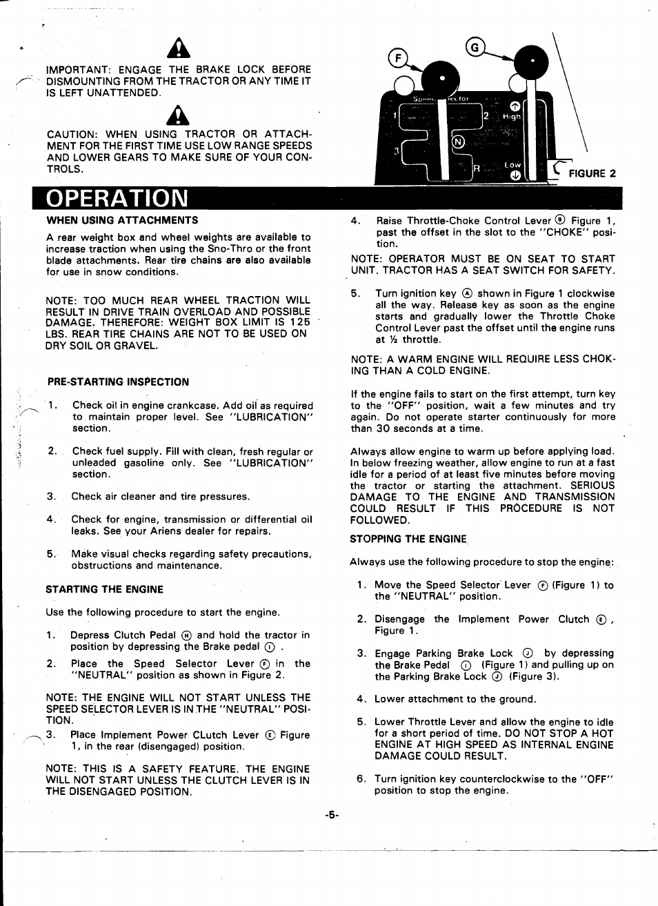 Operation, When using attachments, Pre-starting inspection | Starting the engine, Stopping the engine | Ariens 935000 User Manual | Page 5 / 40