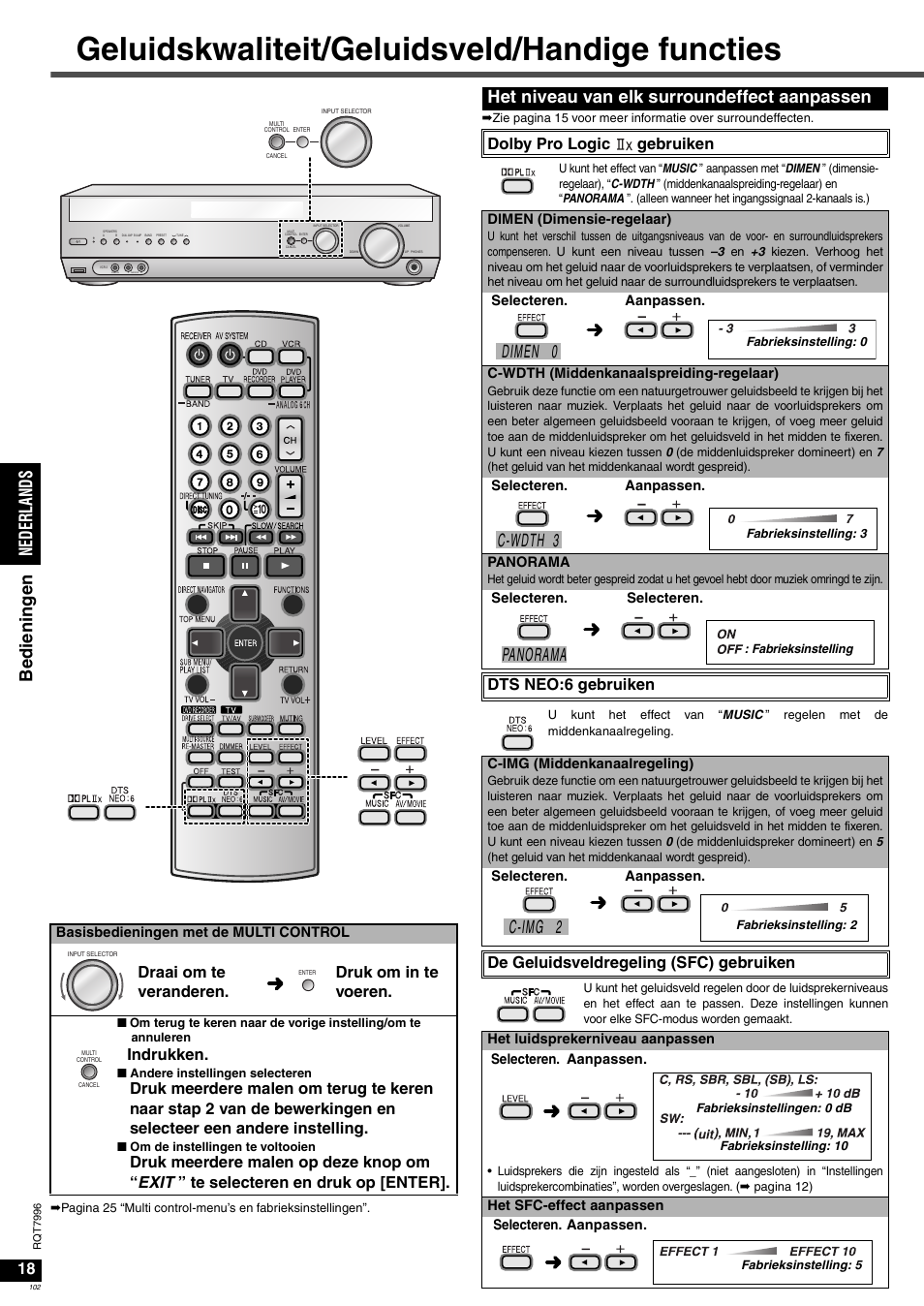 Geluidskwaliteit/geluidsveld/handige functies, Ned erla nds be die n inge n, Het niveau van elk surroundeffect aanpassen | Dimen 0, C-wdth 3, Panorama, C-img 2, Draai om te veranderen. druk om in te voeren, Indrukken, Dolby pro logic gebruiken | Panasonic SAXR55 User Manual | Page 102 / 168