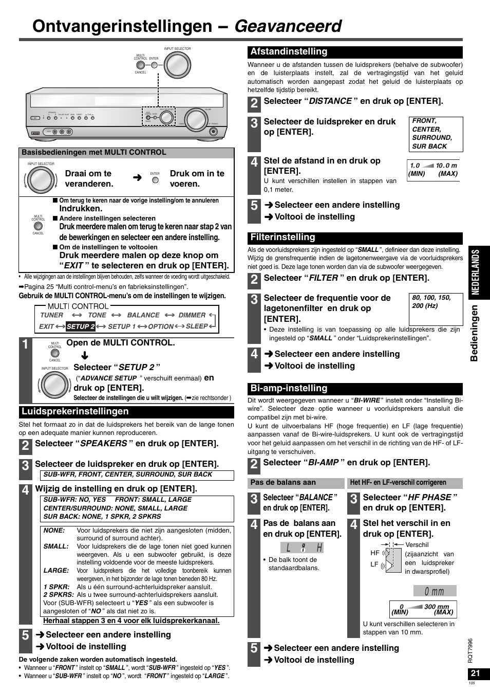 Ontvangerinstellingen - geavanceerd, L h 0 mm, Be die n inge n ned erla nds | Luidsprekerinstellingen, Afstandinstelling, Filterinstelling, Bi-amp-instelling | Panasonic SAXR55 User Manual | Page 105 / 168