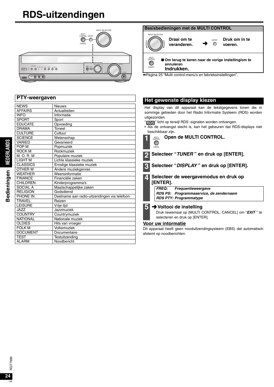 Rds-uitzendingen, Ned erla nds be die n inge n, Pty-weergaven | Het gewenste display kiezen, Voor uw intormatie, Indrukken, Open de multi control, Selecteer “ tuner ” en druk op [enter, Selecteer “ display ” en druk op [enter, Selecteer de weergavemodus en druk op [enter | Panasonic SAXR55 User Manual | Page 108 / 168