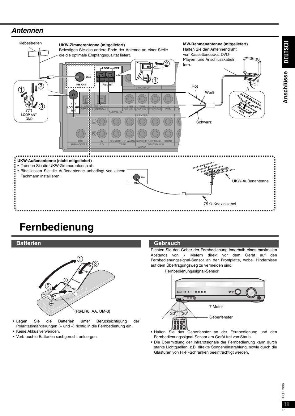 Fernbedienung, Antennen, An sch lü sse de uts ch | Batterien gebrauch | Panasonic SAXR55 User Manual | Page 11 / 168