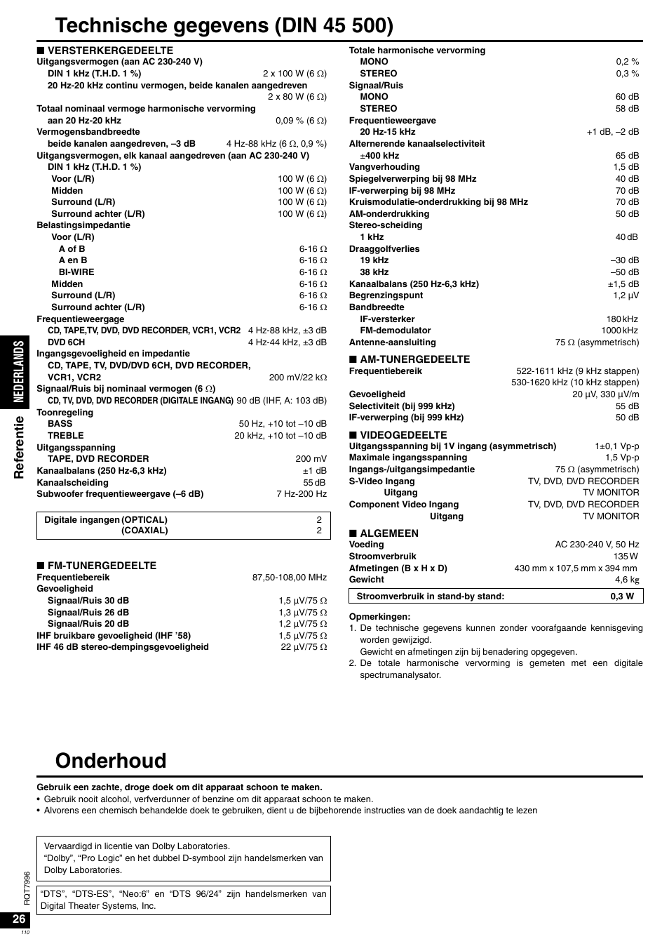 Onderhoud, Ned erla nds re fe re n tie | Panasonic SAXR55 User Manual | Page 110 / 168