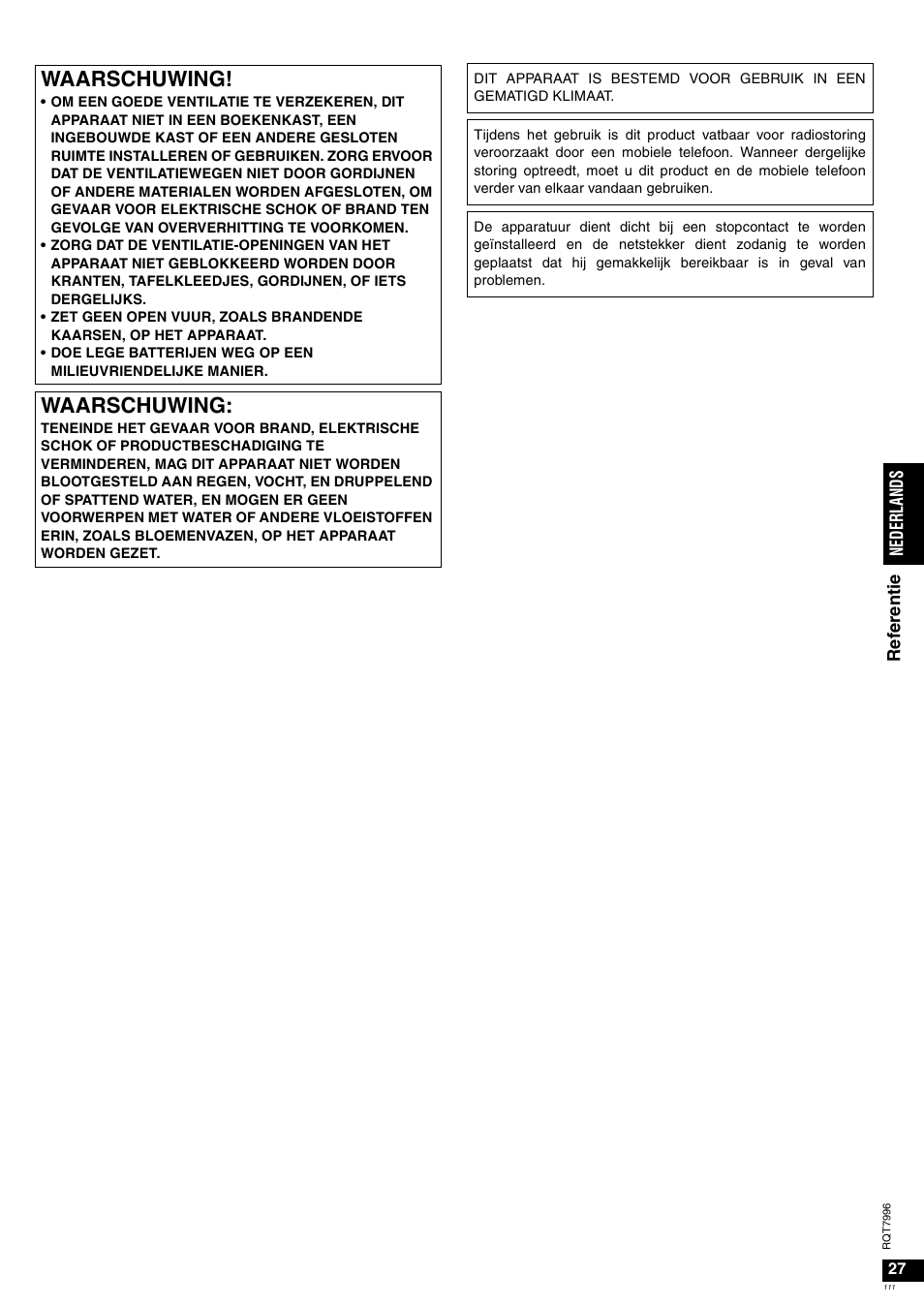 Waarschuwing | Panasonic SAXR55 User Manual | Page 111 / 168