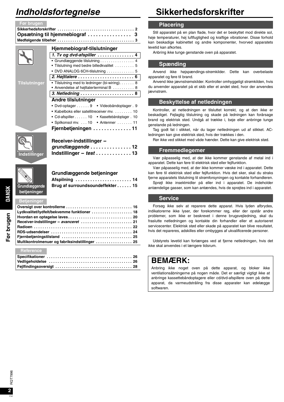 Indholdsfortegnelse sikkerhedsforskrifter, Bemærk, Da ns k | Før br u g en | Panasonic SAXR55 User Manual | Page 114 / 168