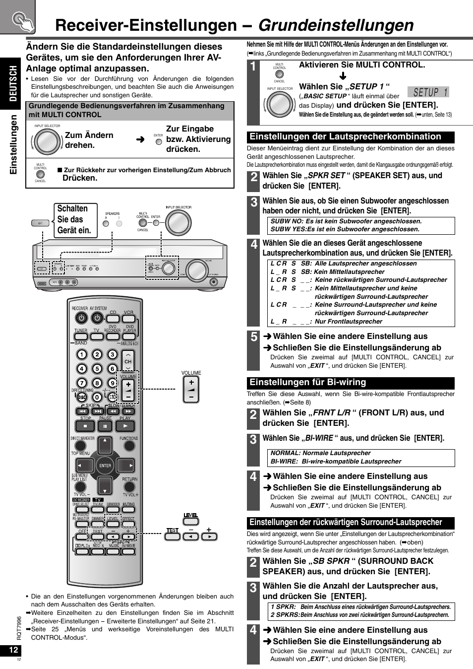Receiver-einstellungen - grundeinstellungen, Setup 1 | Panasonic SAXR55 User Manual | Page 12 / 168