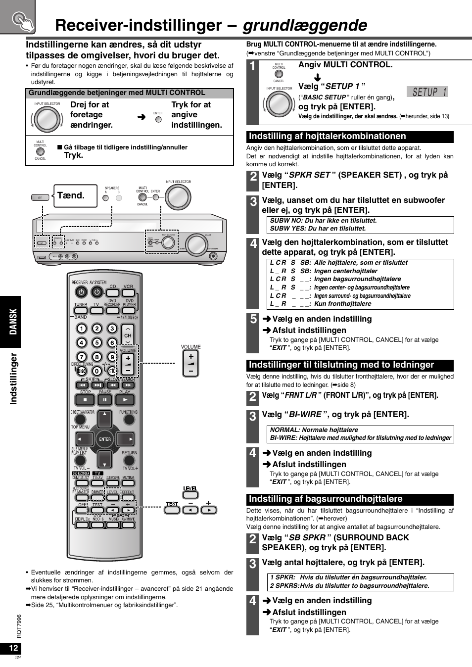 Receiver-indstillinger - grundlæggende, Setup 1 | Panasonic SAXR55 User Manual | Page 124 / 168