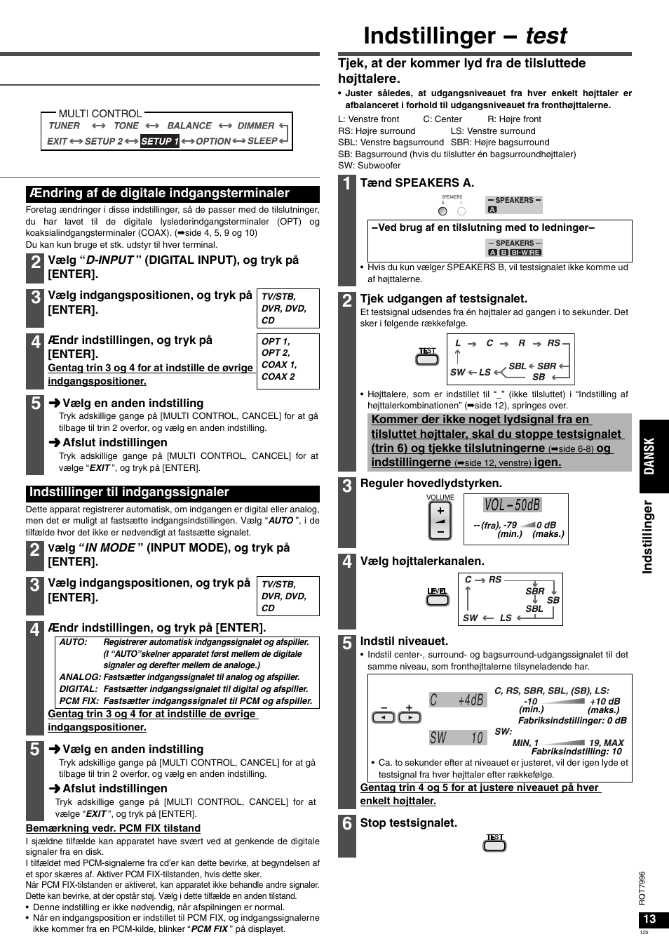 Indstillinger - test, Vol- 50db, Sw 10 c +4db | Panasonic SAXR55 User Manual | Page 125 / 168