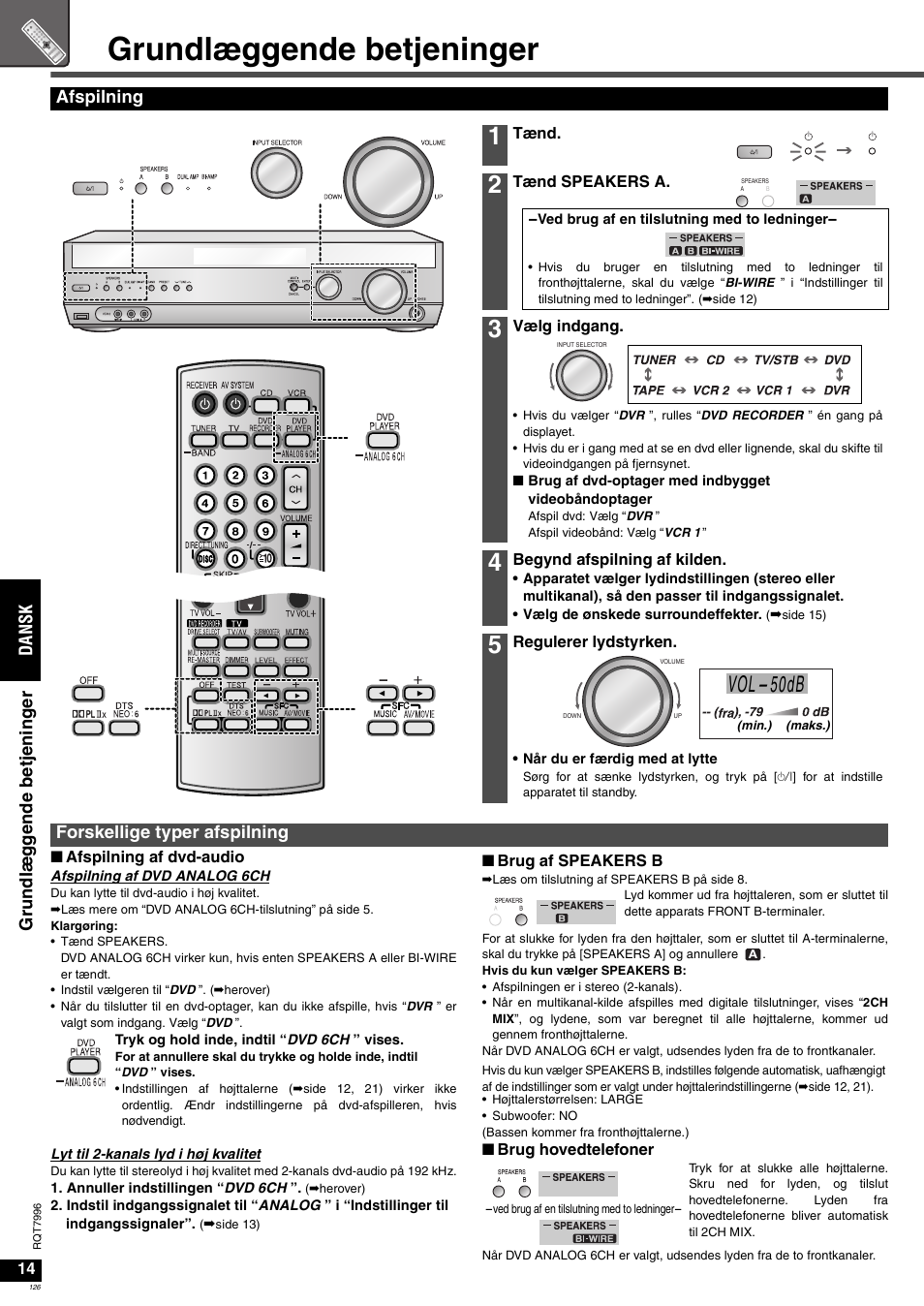 Grundlæggende betjeninger, 50db, Da ns k gr undlæg g ende b et je n ing er | Afspilning, Forskellige typer afspilning | Panasonic SAXR55 User Manual | Page 126 / 168