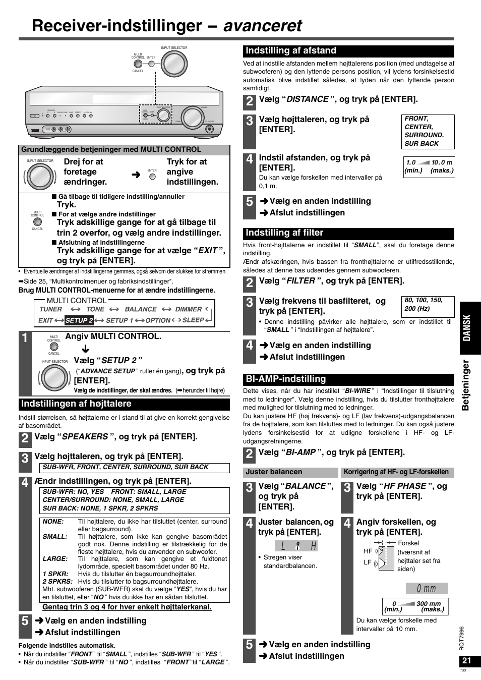 Receiver-indstillinger - avanceret, L h 0 mm, Be tj ening er da ns k | Indstillingen af højttalere, Indstilling af afstand, Indstilling af filter, Bi-amp-indstilling | Panasonic SAXR55 User Manual | Page 133 / 168