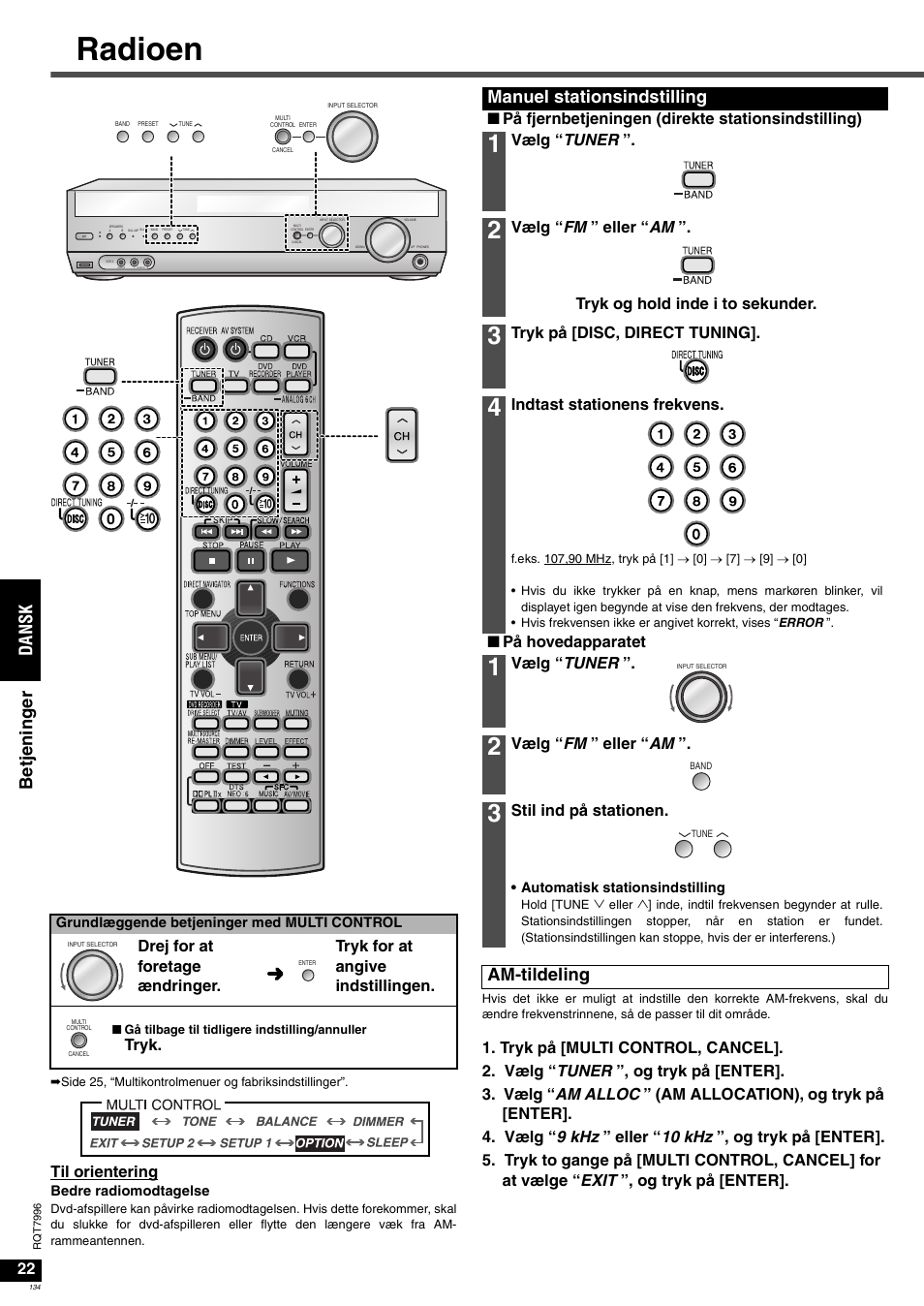 Radioen, Da ns k be tj ening er, Manuel stationsindstilling | Am-tildeling, Til orientering, Tryk, Npå fjernbetjeningen (direkte stationsindstilling), Vælg “ tuner, Tryk på [disc, direct tuning, Indtast stationens frekvens | Panasonic SAXR55 User Manual | Page 134 / 168