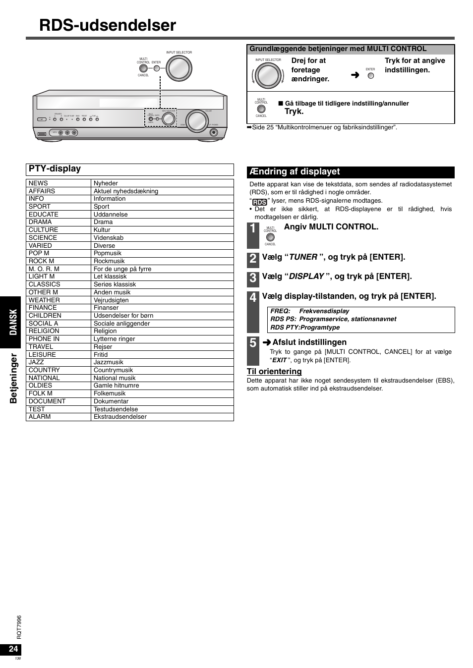 Rds-udsendelser, Da ns k be tj ening er, Pty-display | Ændring af displayet, Til orientering, Tryk, Angiv multi control, Vælg “ tuner ”, og tryk på [enter, Vælg “ display ”, og tryk på [enter, Vælg display-tilstanden, og tryk på [enter | Panasonic SAXR55 User Manual | Page 136 / 168