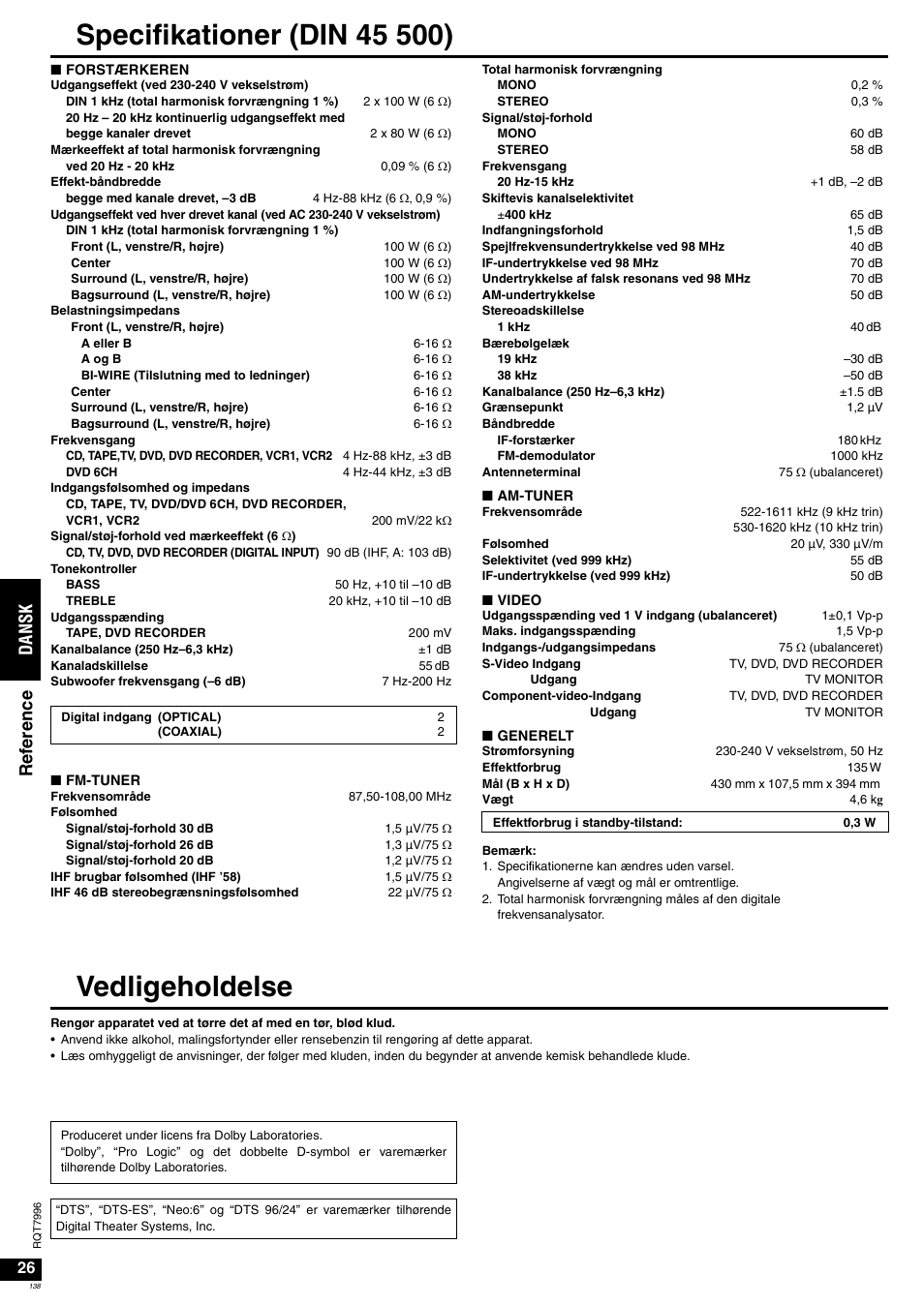 Vedligeholdelse, Da ns k re fe re n ce | Panasonic SAXR55 User Manual | Page 138 / 168