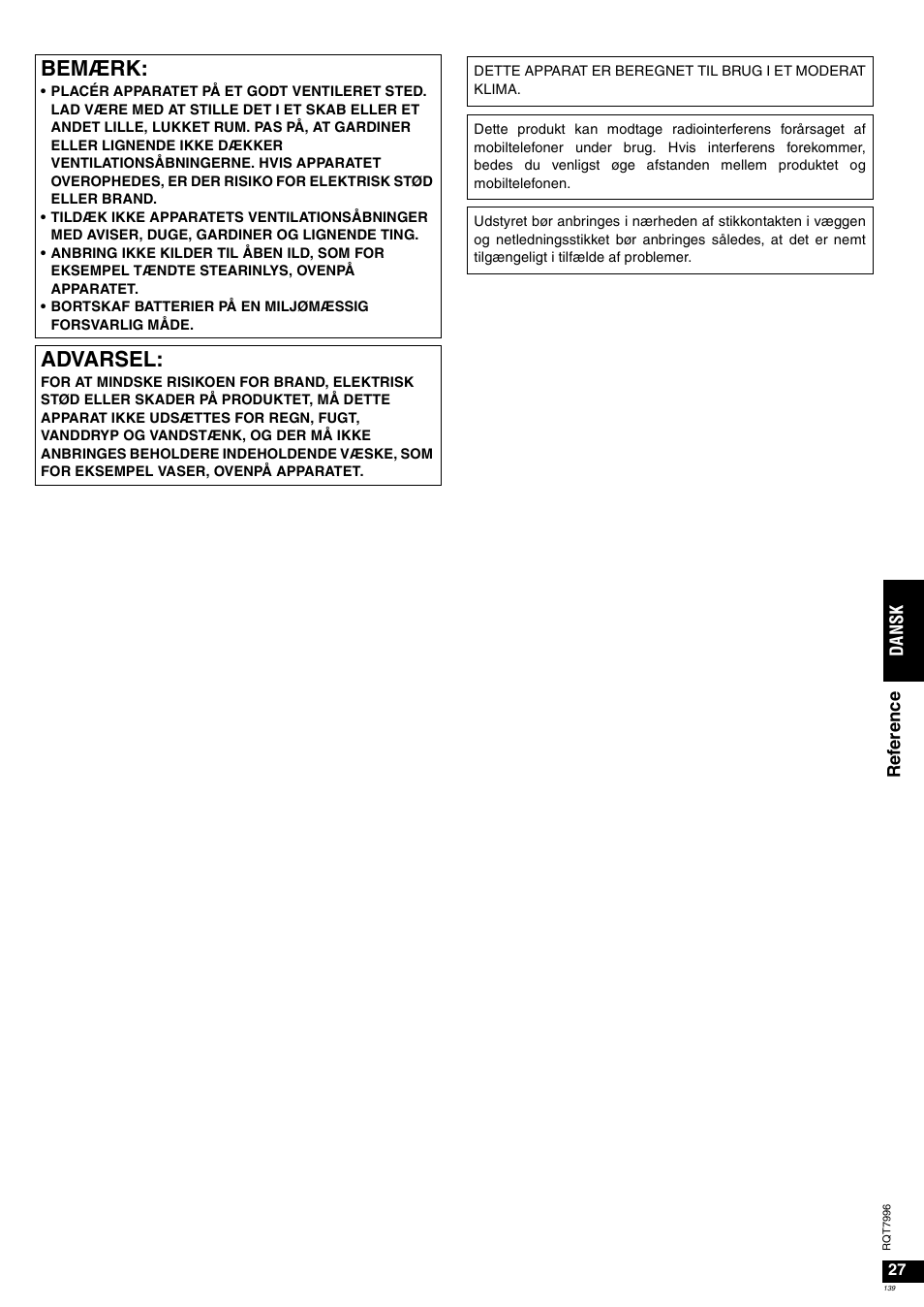 Bemærk, Advarsel | Panasonic SAXR55 User Manual | Page 139 / 168