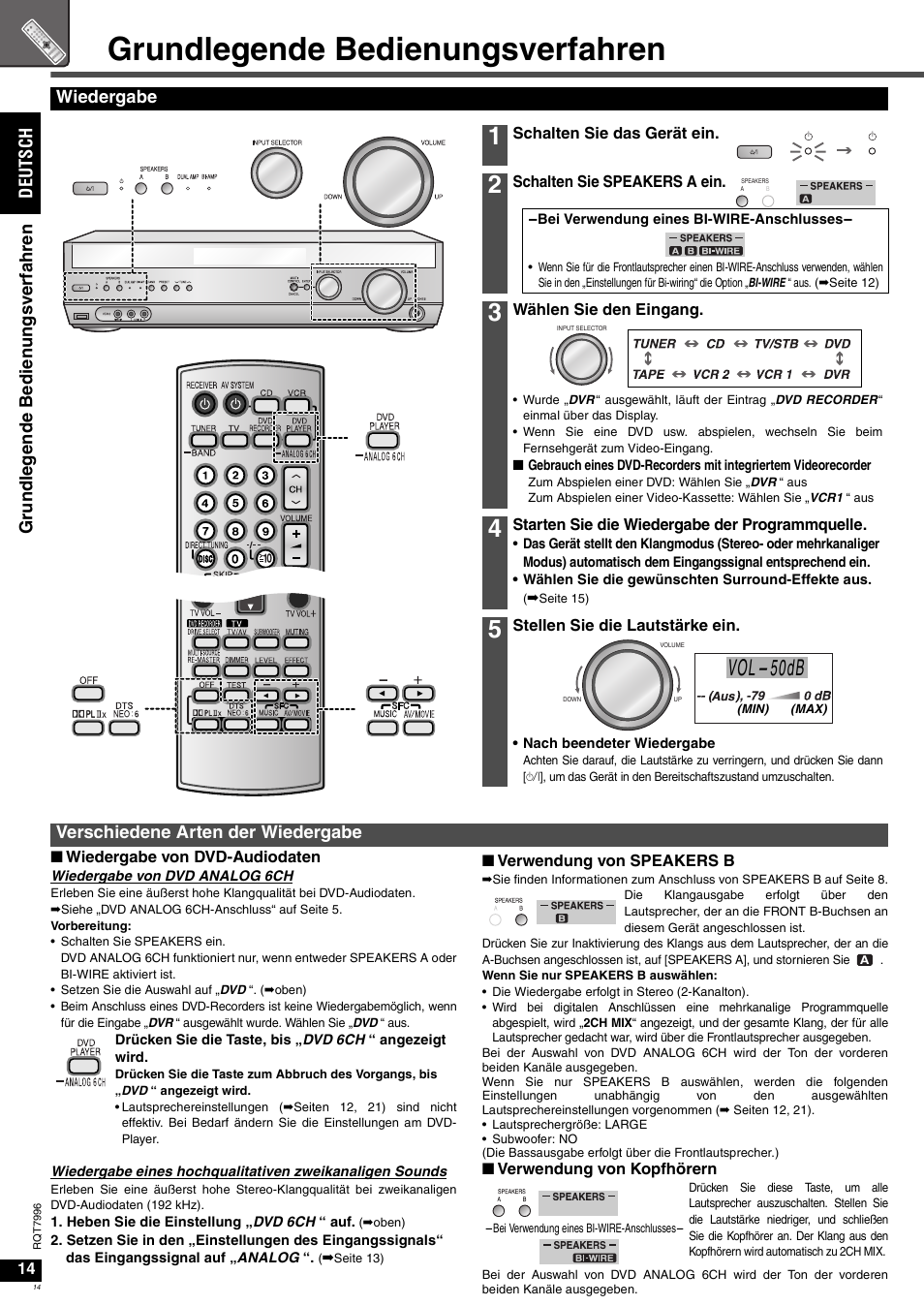 Grundlegende bedienungsverfahren, 50db, Wiedergabe | Verschiedene arten der wiedergabe | Panasonic SAXR55 User Manual | Page 14 / 168