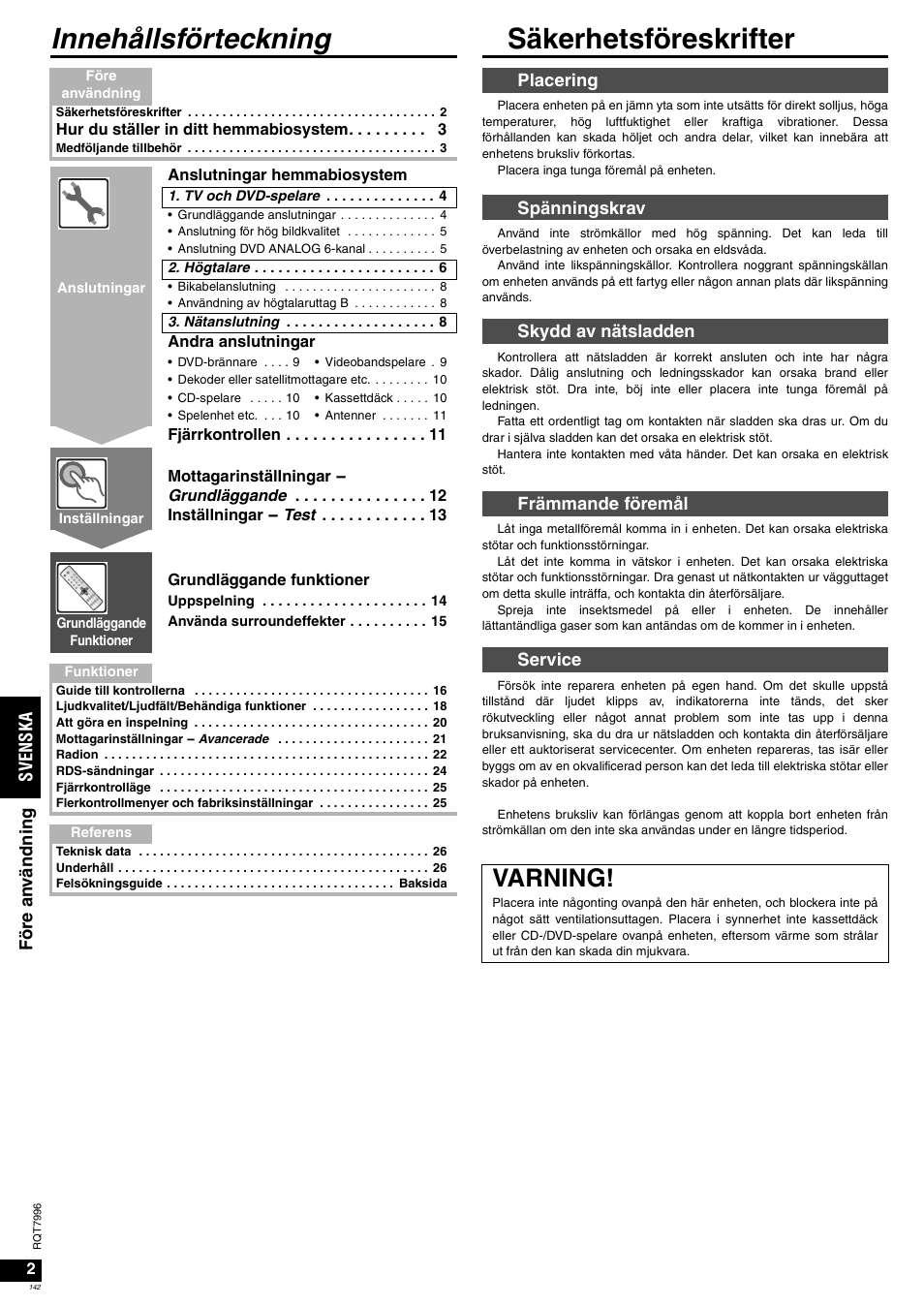 Innehållsförteckning säkerhetsföreskrifter, Varning, Sv en ska | För e a nv ändning | Panasonic SAXR55 User Manual | Page 142 / 168