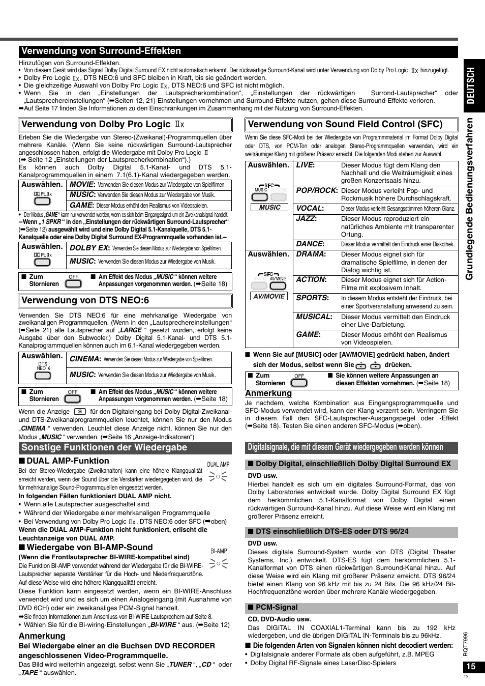 Verwendung von dts neo:6, Verwendung von sound field control (sfc) | Panasonic SAXR55 User Manual | Page 15 / 168