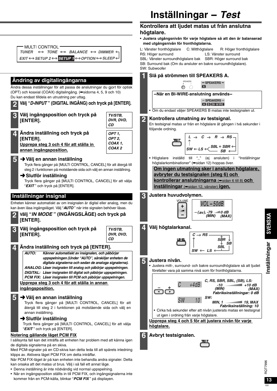 Inställningar - test, Vol- 50db, Sw 10 c +4db | Panasonic SAXR55 User Manual | Page 153 / 168