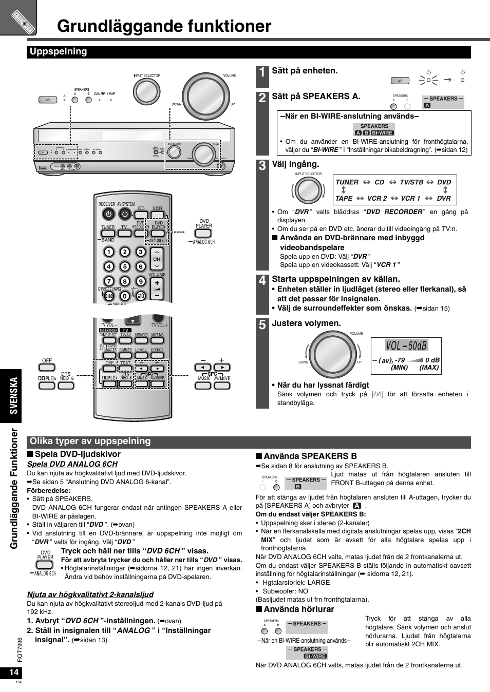 Grundläggande funktioner, 50db, Sv en ska g rundlä g ga nde fu nk ti o n er | Uppspelning, Olika typer av uppspelning | Panasonic SAXR55 User Manual | Page 154 / 168