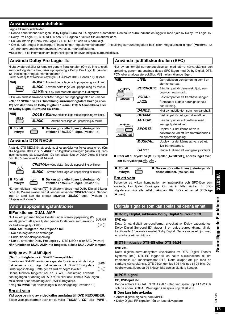 Grundlä g ga nde fu nk ti o n er sv en ska, Använda surroundeffekter använda dolby pro logic, Använda dts neo:6 | Använda ljudfältskontrollen (sfc) | Panasonic SAXR55 User Manual | Page 155 / 168