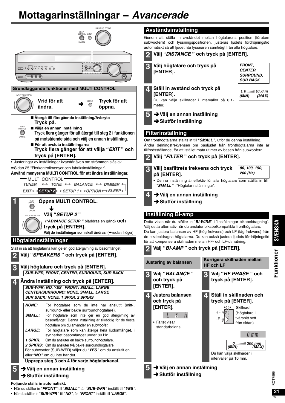 Mottagarinställningar - avancerade, L h 0 mm, Fu nk ti o n er sv en ska | Högtalarinställningar, Avståndsinställning, Filterinställning, Inställning bi-amp | Panasonic SAXR55 User Manual | Page 161 / 168