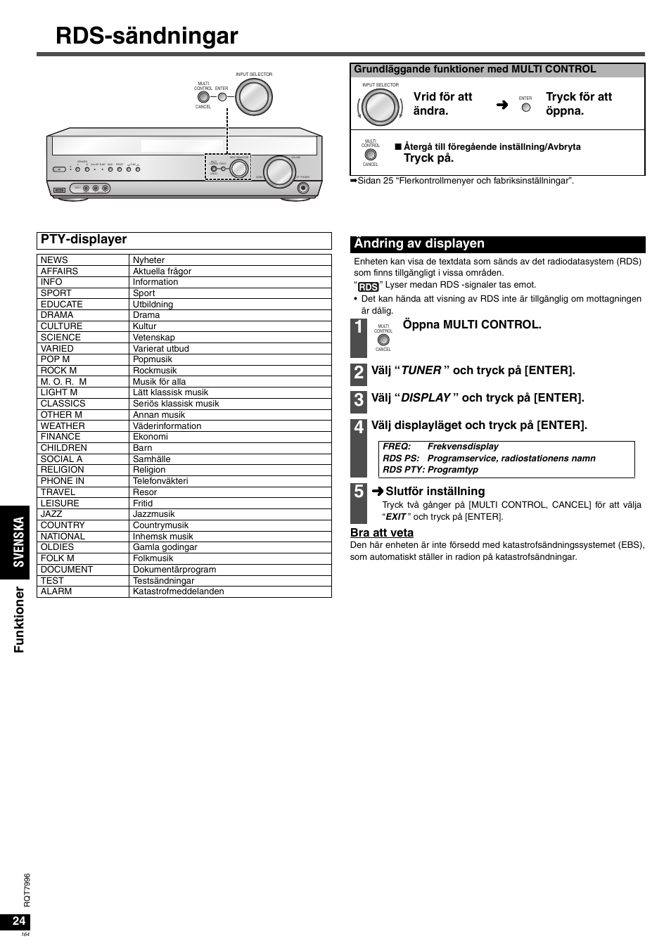 Rds-sändningar, Sv en ska fu nk ti o n er, Pty-displayer | Ändring av displayen, Bra att veta, Vrid för att ändra. tryck för att öppna, Tryck på, Öppna multi control, Välj “ tuner ” och tryck på [enter, Välj “ display ” och tryck på [enter | Panasonic SAXR55 User Manual | Page 164 / 168