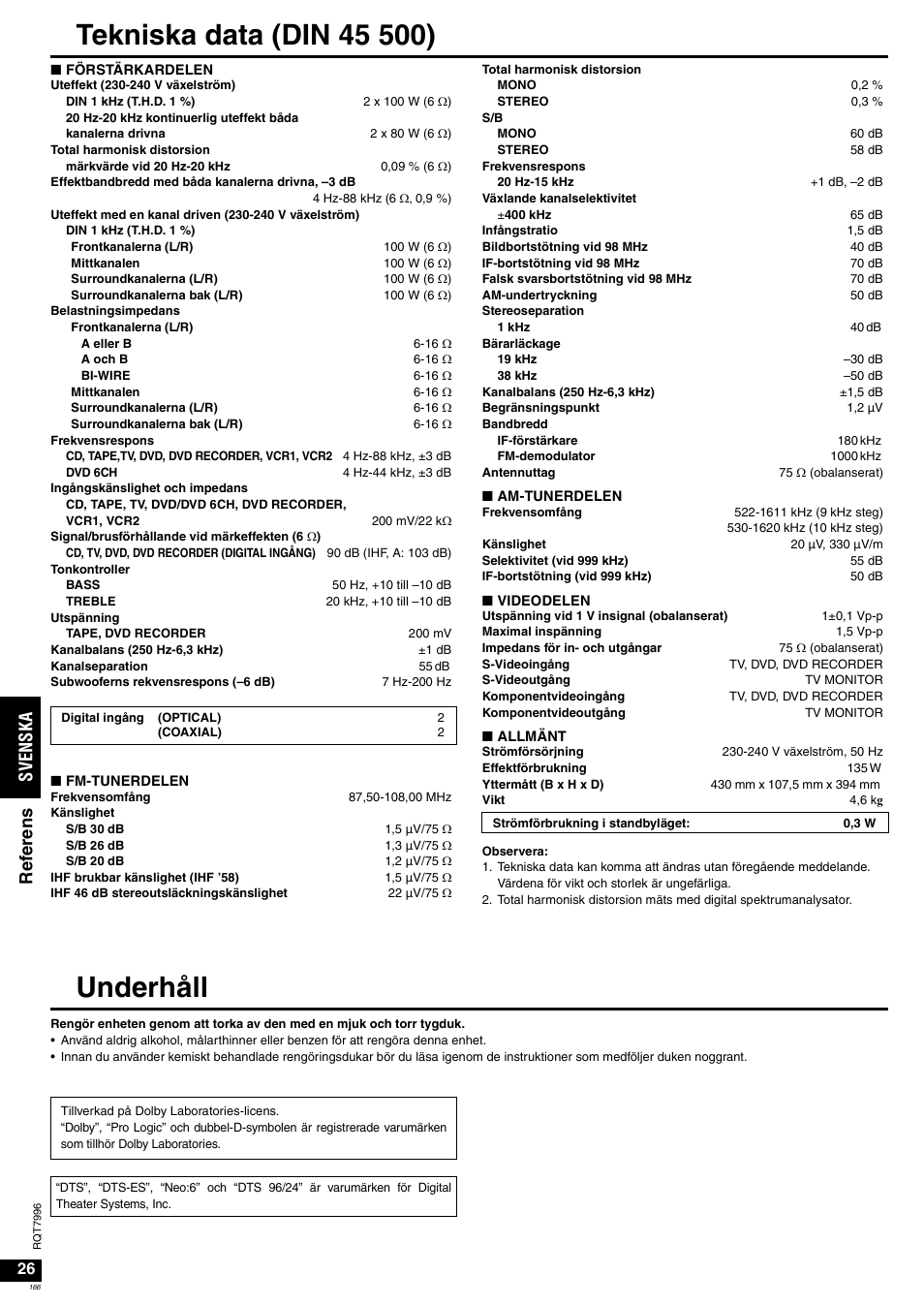 Underhåll, Sv en ska re fe re n s | Panasonic SAXR55 User Manual | Page 166 / 168