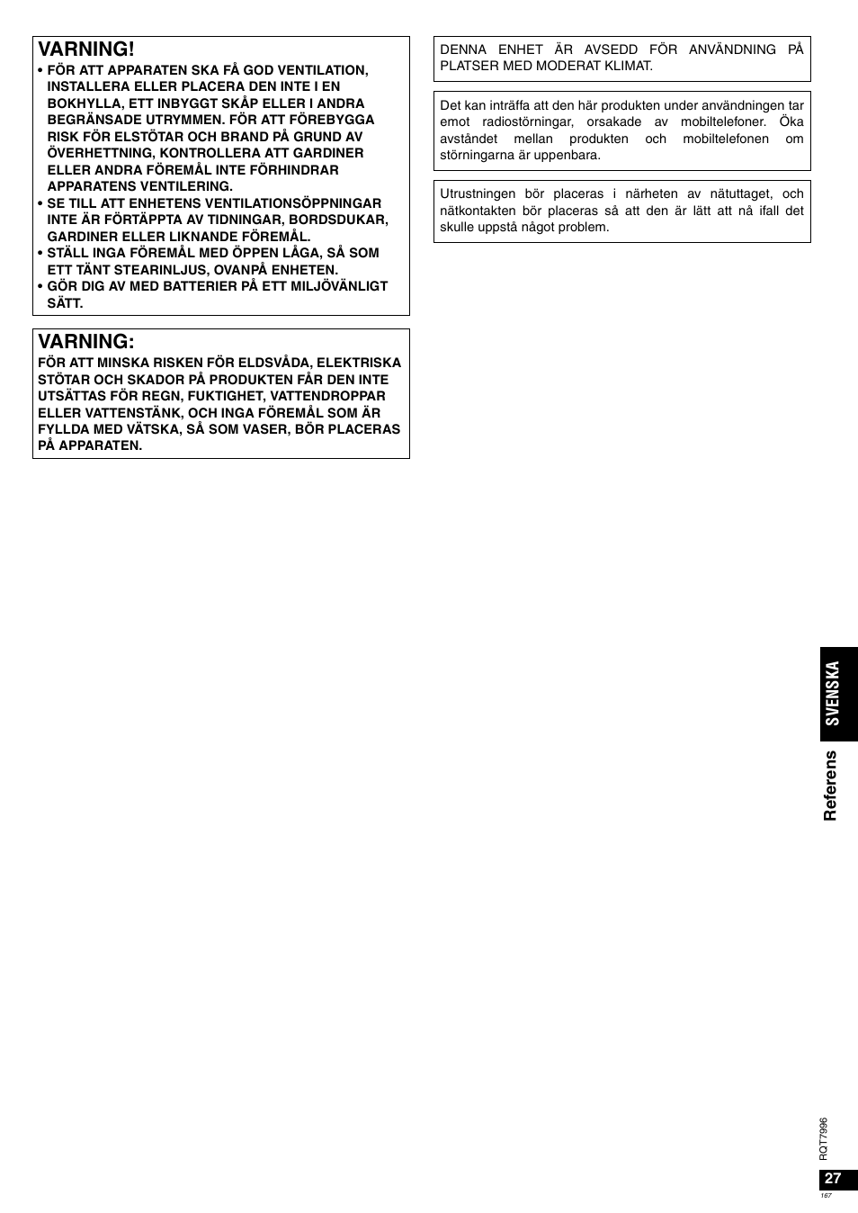 Varning | Panasonic SAXR55 User Manual | Page 167 / 168