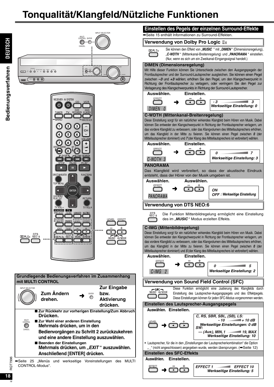 Tonqualität/klangfeld/nützliche funktionen, Dimen 0, C-wdth 3 | Panorama, C-img 2, Drücken, Verwendung von dolby pro logic, Verwendung von dts neo:6, Verwendung von sound field control (sfc) | Panasonic SAXR55 User Manual | Page 18 / 168