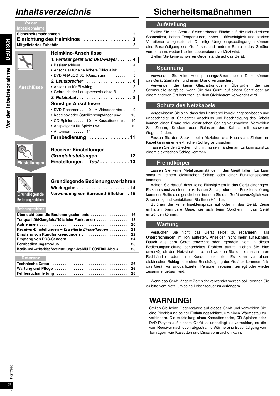Inhaltsverzeichnis sicherheitsmaßnahmen, Warnung, De uts ch | Panasonic SAXR55 User Manual | Page 2 / 168