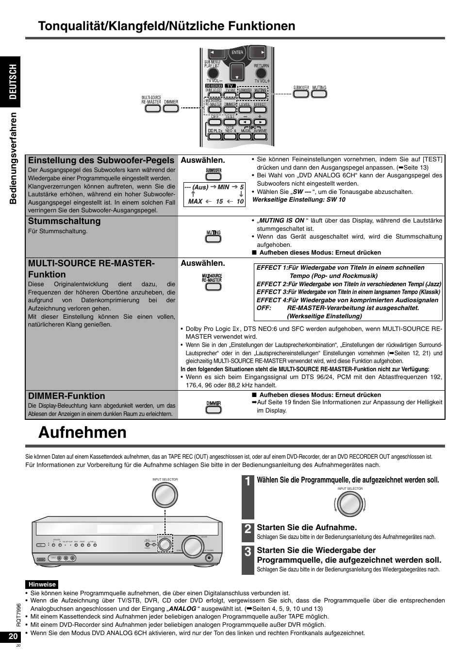 Aufnehmen, Tonqualität/klangfeld/nützliche funktionen, Einstellung des subwoofer-pegels | Stummschaltung, Multi-source re-master- funktion, Dimmer-funktion, Auswählen, Starten sie die aufnahme | Panasonic SAXR55 User Manual | Page 20 / 168