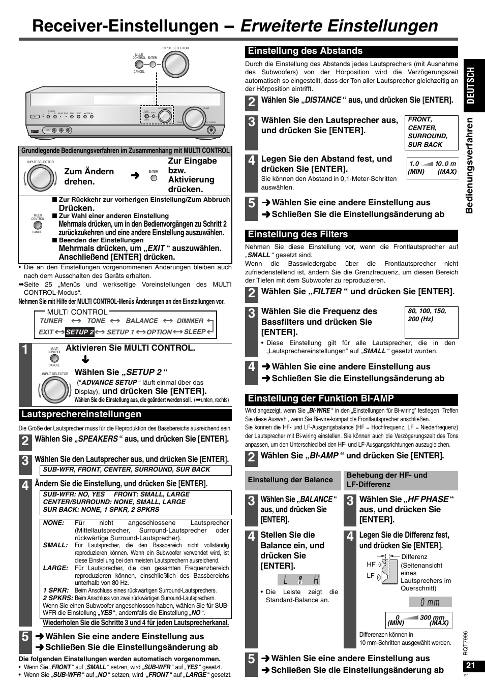 Receiver-einstellungen - erweiterte einstellungen, L h 0 mm, Lautsprechereinstellungen | Einstellung des abstands, Einstellung des filters, Einstellung der funktion bi-amp | Panasonic SAXR55 User Manual | Page 21 / 168