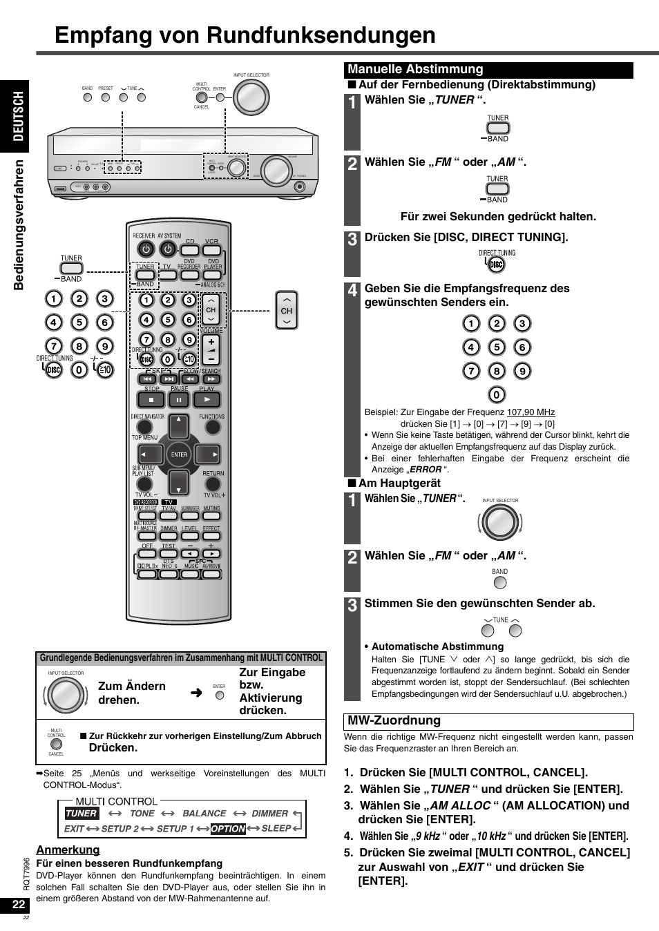Empfang von rundfunksendungen, Manuelle abstimmung, Mw-zuordnung | Anmerkung, Drücken, Nauf der fernbedienung (direktabstimmung), Wählen sie „ tuner, Drücken sie [disc, direct tuning, Nam hauptgerät, Wählen sie „ fm “ oder „ am | Panasonic SAXR55 User Manual | Page 22 / 168