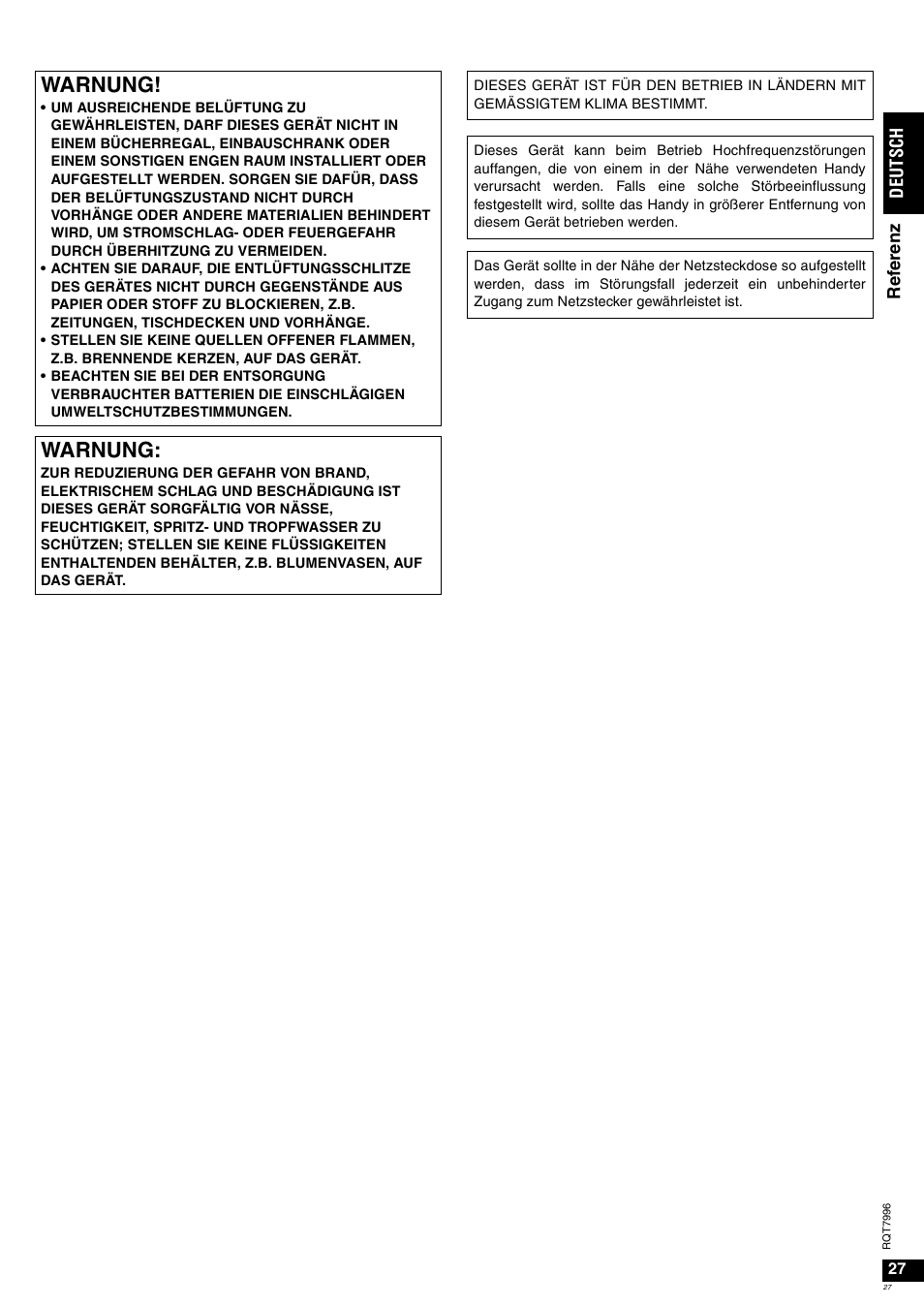 Warnung | Panasonic SAXR55 User Manual | Page 27 / 168