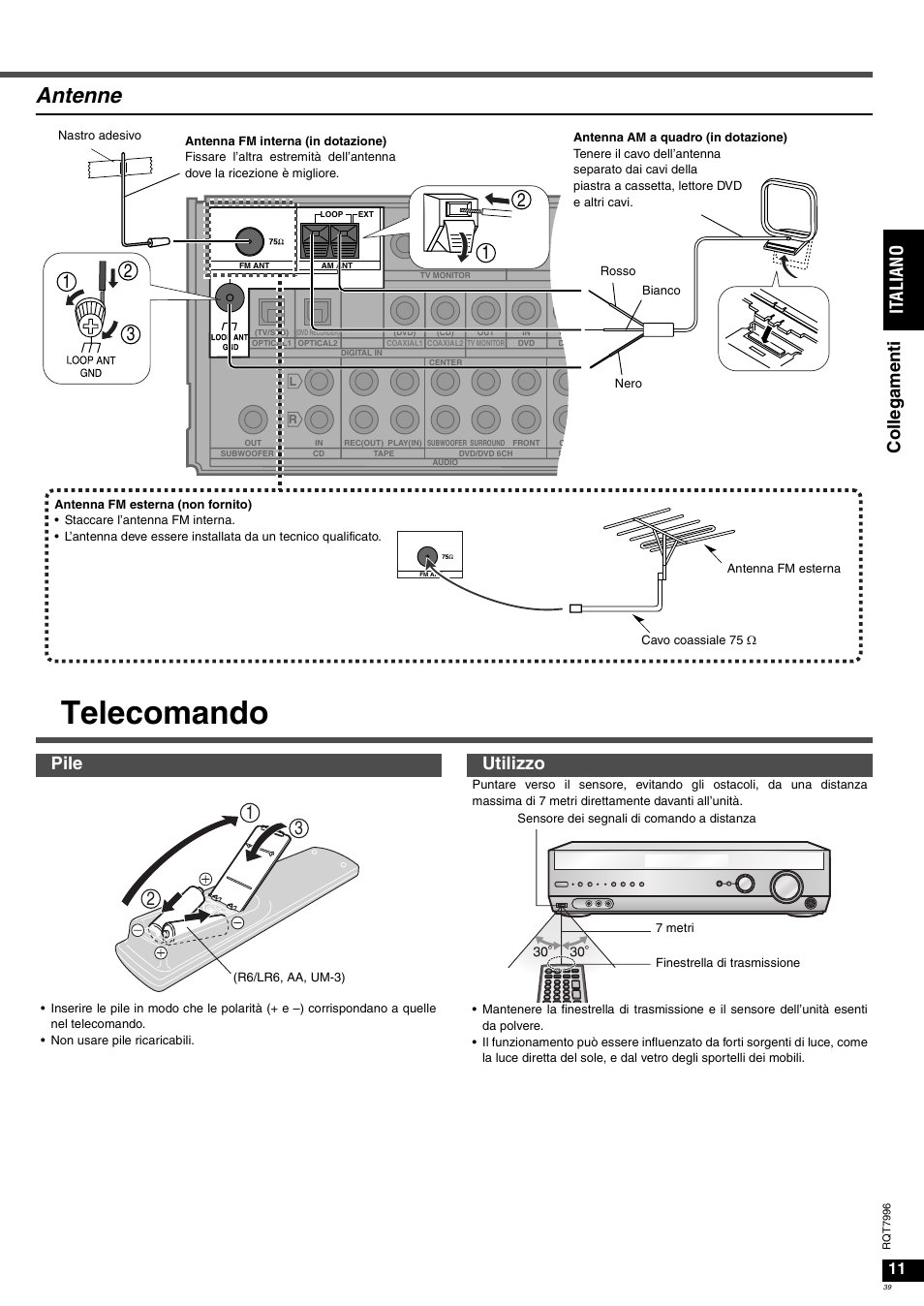 Telecomando, Antenne, Co lleg ame n ti it al ia no | Pile utilizzo | Panasonic SAXR55 User Manual | Page 39 / 168