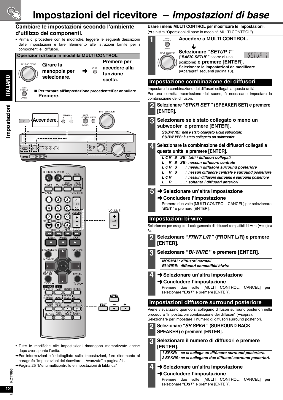 Impostazioni del ricevitore - impostazioni di base, Setup 1 | Panasonic SAXR55 User Manual | Page 40 / 168