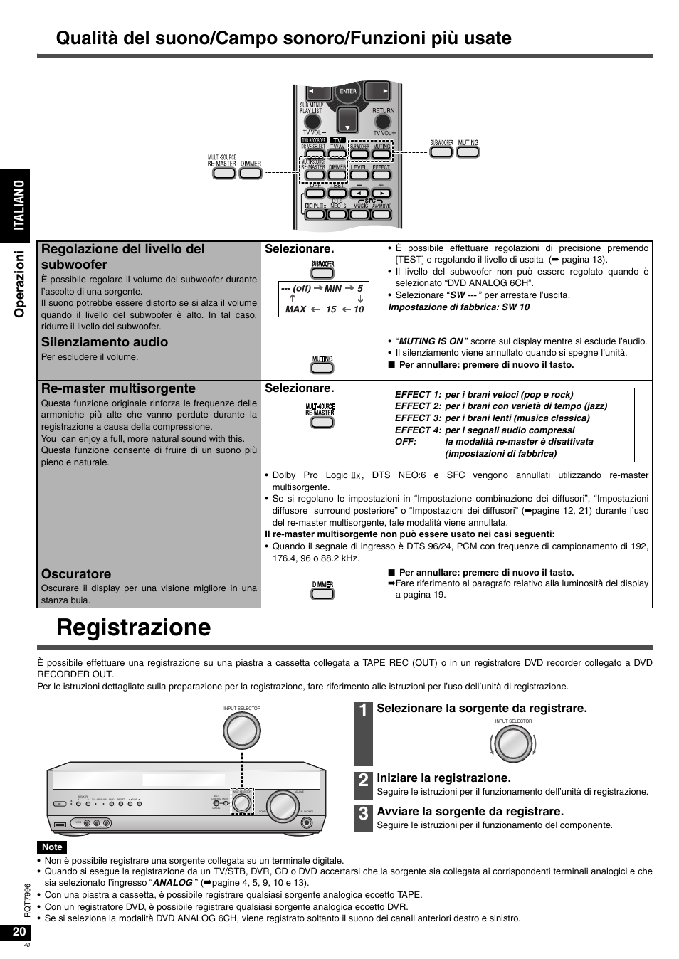 Registrazione, Qualità del suono/campo sonoro/funzioni più usate, It al ia no ope ra zioni | Regolazione del livello del subwoofer, Silenziamento audio, Re-master multisorgente, Oscuratore, Selezionare, Selezionare la sorgente da registrare, Iniziare la registrazione | Panasonic SAXR55 User Manual | Page 48 / 168