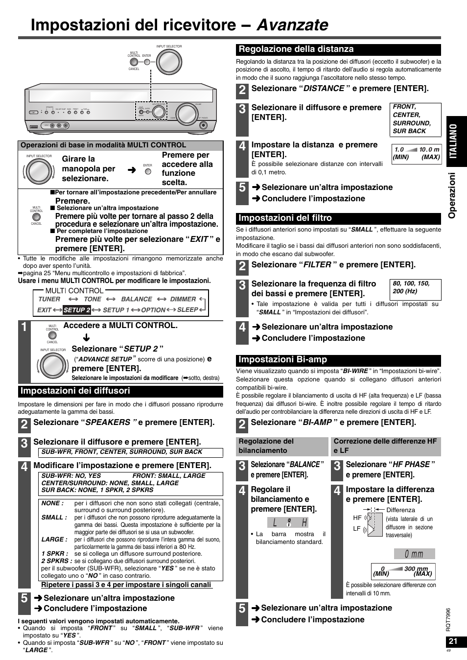 Impostazioni del ricevitore - avanzate, L h 0 mm, Ope ra zioni it al ia no | Impostazioni dei diffusori, Regolazione della distanza, Impostazioni del filtro, Impostazioni bi-amp | Panasonic SAXR55 User Manual | Page 49 / 168