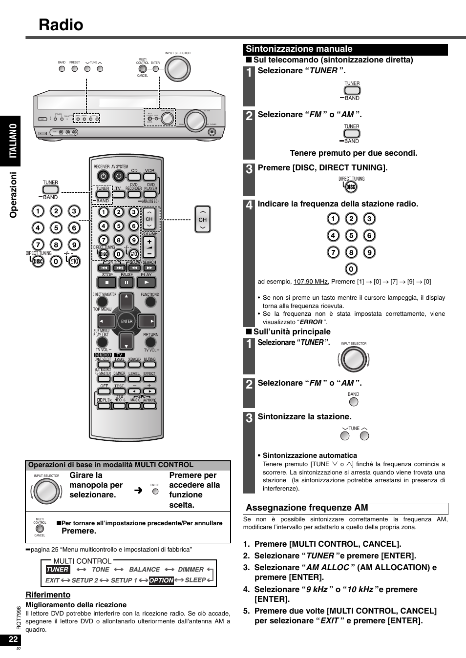 Radio, It al ia no ope ra zioni, Sintonizzazione manuale | Assegnazione frequenze am, Riferimento, Premere, Nsul telecomando (sintonizzazione diretta), Selezionare “ tuner, Premere [disc, direct tuning, Indicare la frequenza della stazione radio | Panasonic SAXR55 User Manual | Page 50 / 168