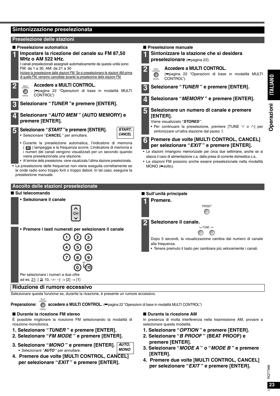 Ope ra zioni it al ia no, Sintonizzazione preselezionata, Riduzione di rumore eccessivo | Panasonic SAXR55 User Manual | Page 51 / 168